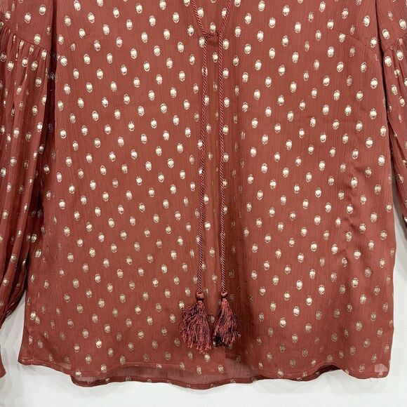 Listicle Rust Brown Gold Metallic Polka Dot Ruffle Long Sleeve Peasant Blouse - Picture 4 of 16